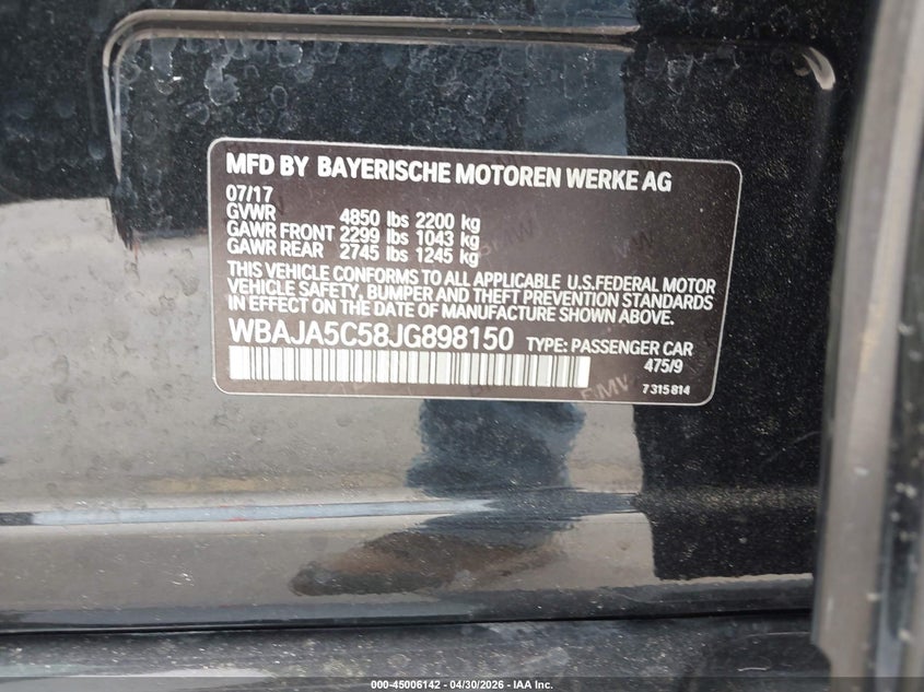 2018 BMW 5er VIN WBAJA5C58JG898150 IAAI salvage auction — SIDE, Original (Texas), sold $10,100 on 2026-07-13 (photo 9)