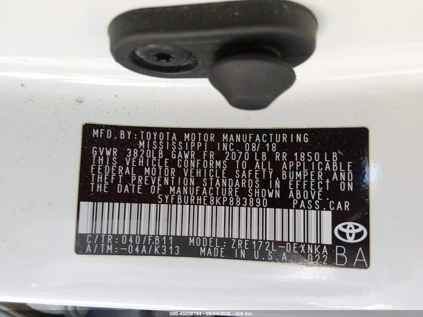 2019 Toyota Corolla VIN 5YFBURHE8KP883890 IAAI salvage auction — FRONT END, Salvage (Alabama), sold $750 on 2026-07-29 (photo 9)