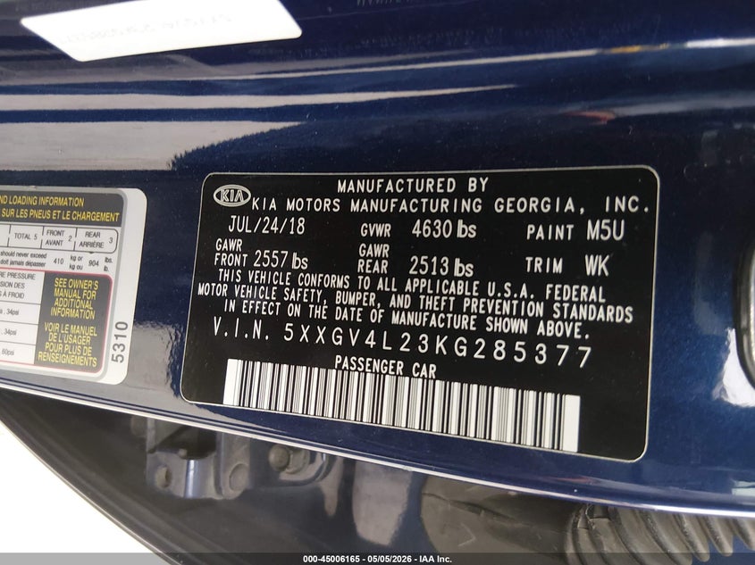 2019 Kia Optima VIN 5XXGV4L23KG285377 IAAI salvage auction — REAR END, Salvage (Kansas), sold $1,250 on 2026-07-24 (photo 9)