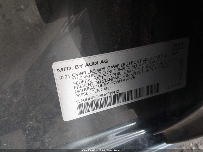 2022 Audi A3 VIN WAUHUDGY5NA019412 IAAI salvage auction — LEFT SIDE, Salvage (Massachusetts), sold $7,550 on 2026-07-21 (photo 9)