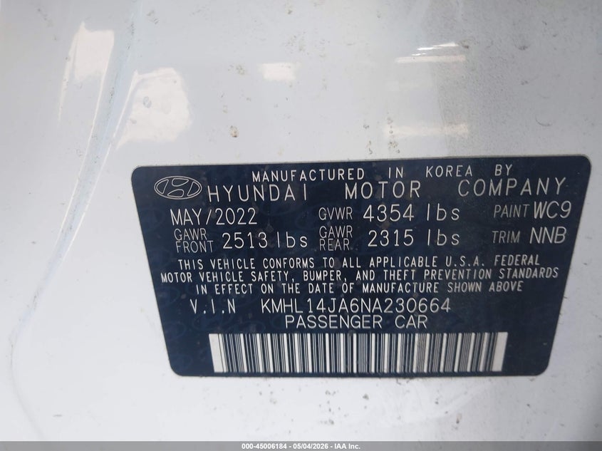 2022 Hyundai Sonata VIN KMHL14JA6NA230664 IAAI salvage auction — LEFT REAR, Salvage (Georgia), sold $5,100 on 2026-07-15 (photo 9)