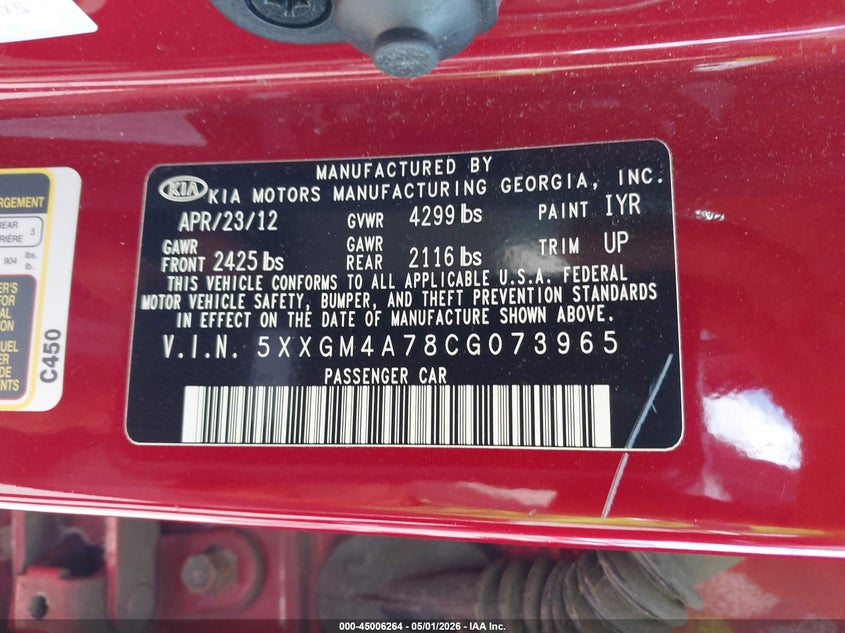 2012 Kia Optima VIN 5XXGM4A78CG073965 IAAI salvage auction — FRONT END, Prior Salvage (Minnesota), sold $475 on 2026-07-13 (photo 9)