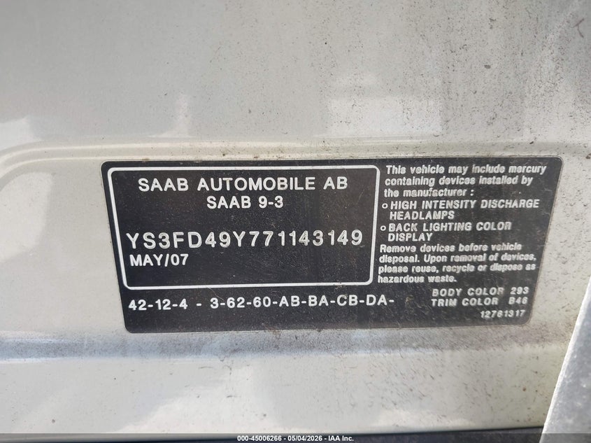 2007 Saab 9-3 VIN YS3FD49Y771143149 IAAI salvage auction — FRONT END, Salvage (New Jersey), sold $400 on 2026-08-03 (photo 9)