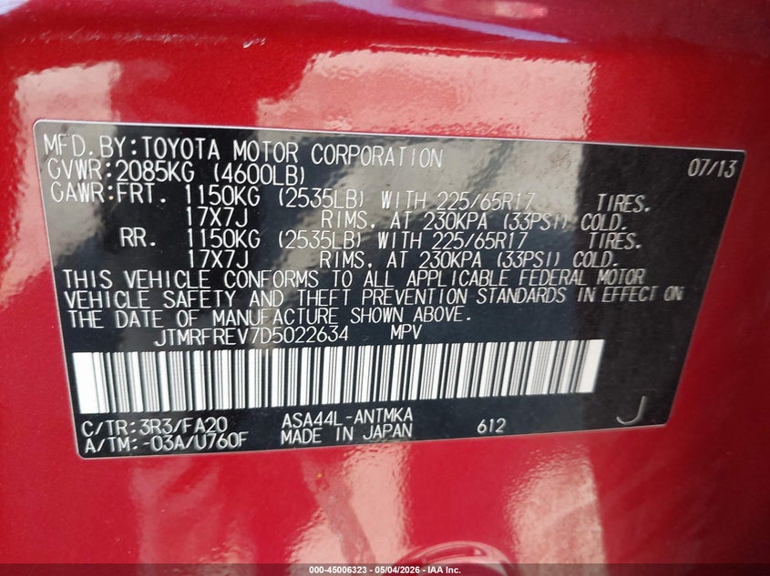 2013 Toyota Rav 4 VIN JTMRFREV7D5022634 IAAI salvage auction — LEFT SIDE, Salvage (Massachusetts), sold $4,600 on 2026-07-17 (photo 9)