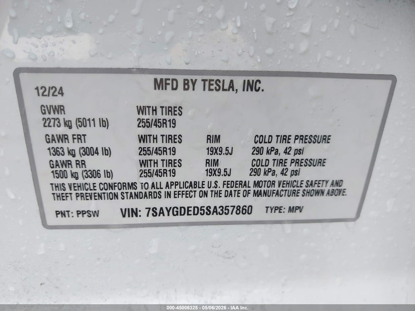 2025 Tesla Model y VIN 7SAYGDED5SA357860 IAAI salvage auction — REAR END, Salvage (Georgia), sold $12,800 on 2026-07-30 (photo 9)