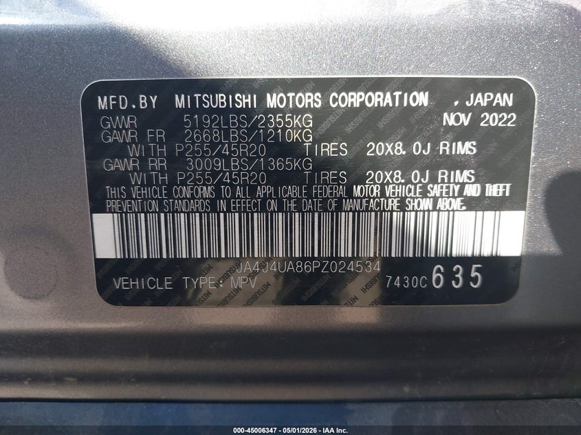 2023 Mitsubishi Outlander VIN JA4J4UA86PZ024534 IAAI salvage auction — FRONT END, Salvage (Vermont), sold $5,300 on 2026-07-30 (photo 9)