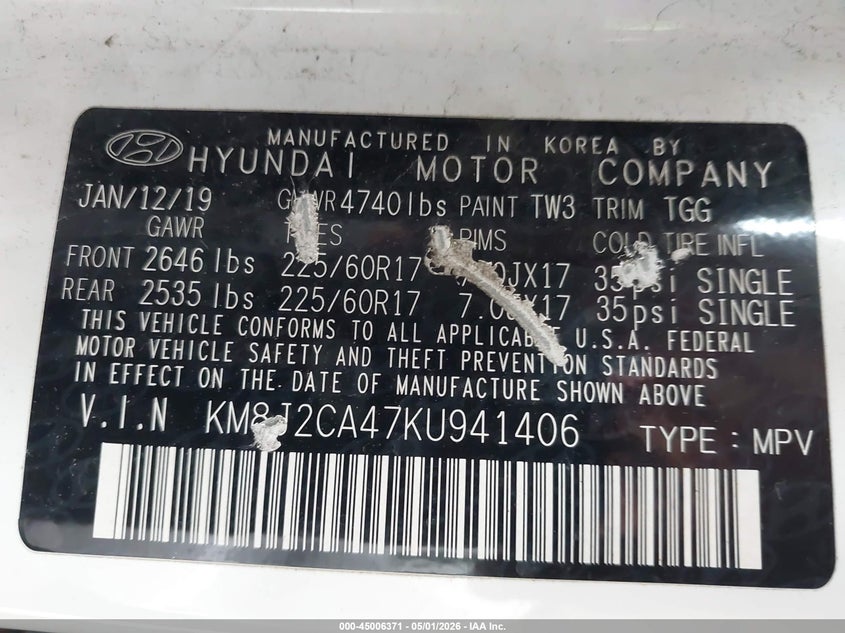 2019 Hyundai Tucson VIN KM8J2CA47KU941406 IAAI salvage auction — UNKNOWN, Salvage (Michigan), sold $2,825 on 2026-07-06 (photo 9)