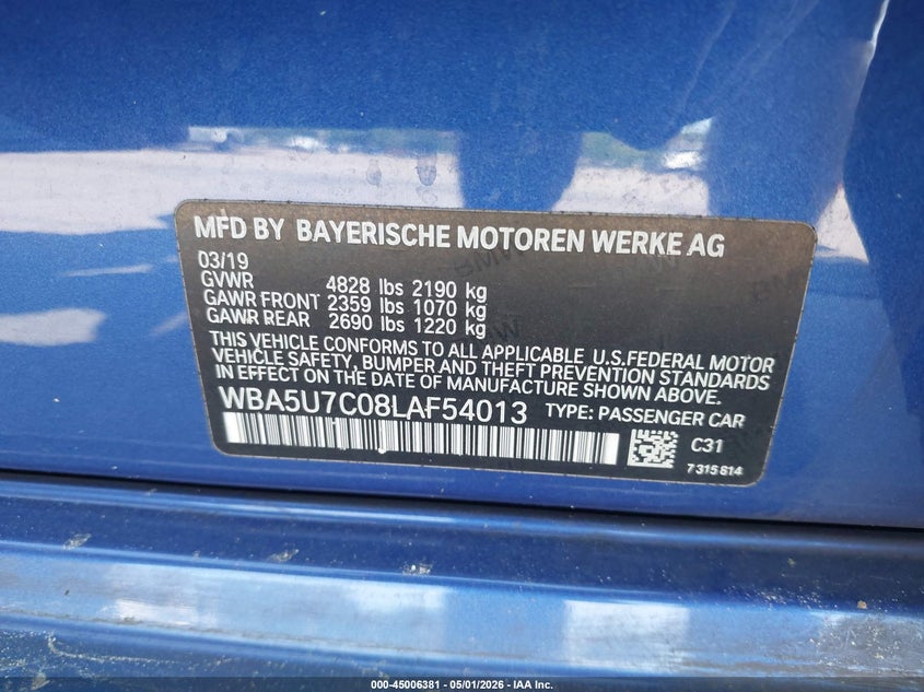 2020 BMW 3er VIN WBA5U7C08LAF54013 IAAI salvage auction — RIGHT SIDE, Rebuildable (Florida), sold $17,600 on 2026-07-15 (photo 9)