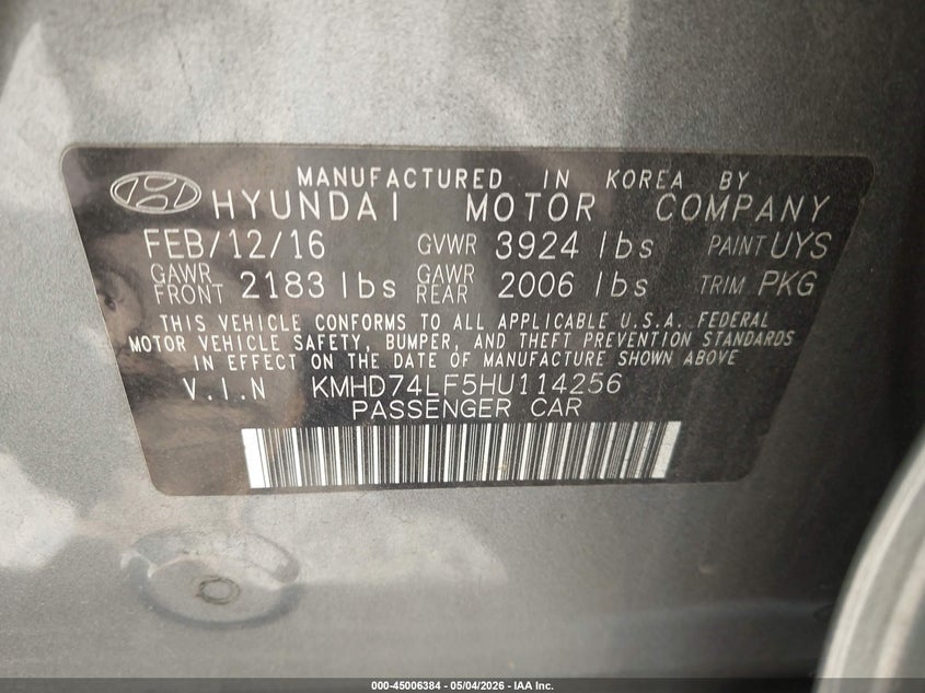 2017 Hyundai Elantra VIN KMHD74LF5HU114256 IAAI salvage auction — FRONT END, Salvage (Virginia), sold $1,250 on 2026-07-21 (photo 9)