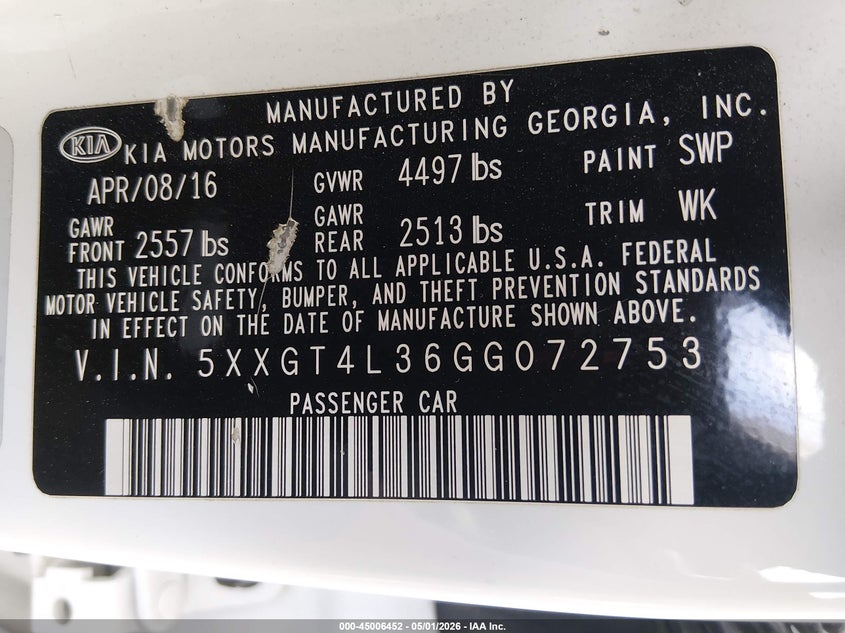2016 Kia Optima VIN 5XXGT4L36GG072753 IAAI salvage auction — FRONT END, Salvage (Idaho), sold $1,250 on 2026-07-17 (photo 9)