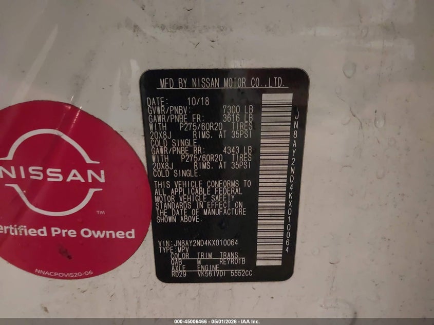 2019 Nissan Armada VIN JN8AY2ND4KX010064 IAAI salvage auction — FRONT END, Wait Title, sold $6,525 on 2026-07-15 (photo 9)