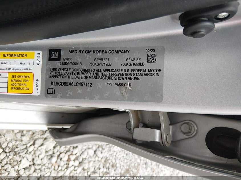 2020 Chevrolet Spark VIN KL8CD6SA6LC457112 IAAI salvage auction — FRONT END, Wait Title, sold $800 on 2026-07-22 (photo 9)