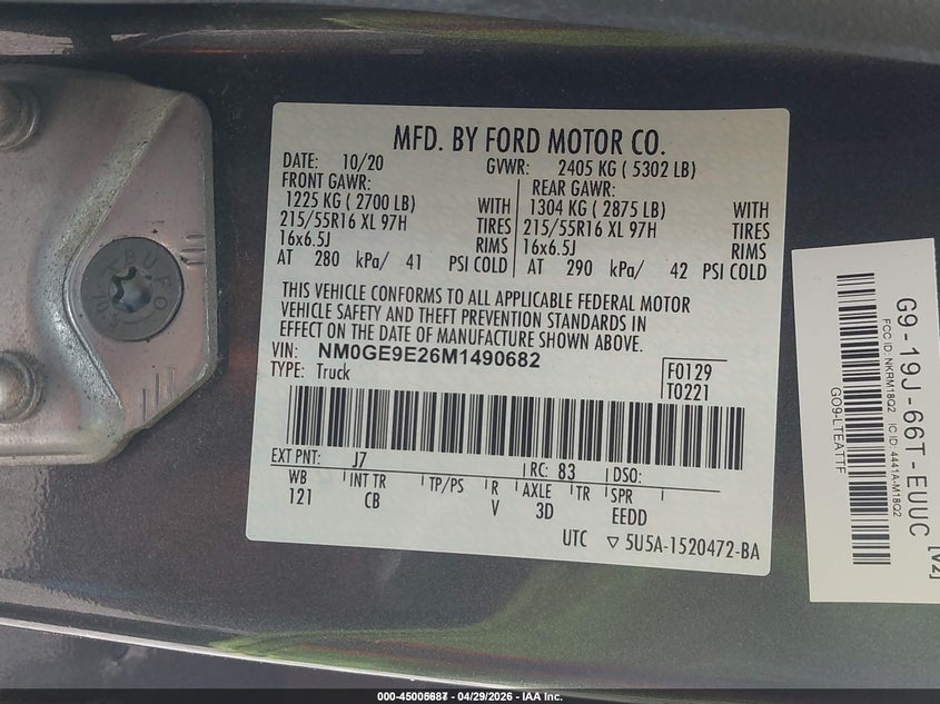 2021 Ford Transit connect VIN NM0GE9E26M1490682 IAAI salvage auction — NORMAL WEAR, Sf97 (Indiana), sold $10,275 on 2026-07-20 (photo 9)