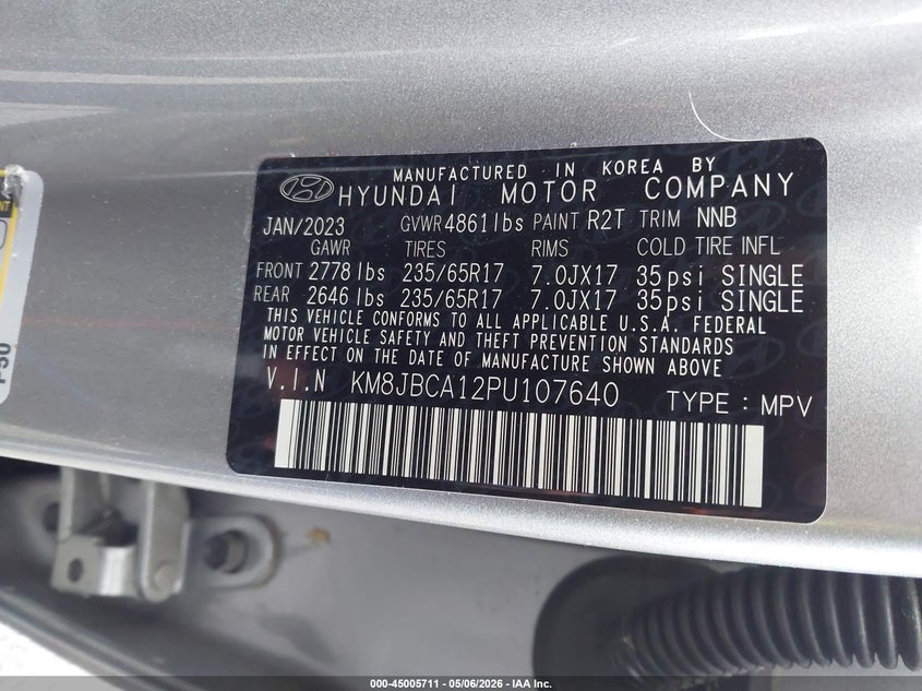 2023 Hyundai VIN KM8JBCA12PU107640 IAAI salvage auction — FRONT END, Salvage - Greater Than 75% (Maryland), sold $8,975 on 2026-07-13 (photo 9)