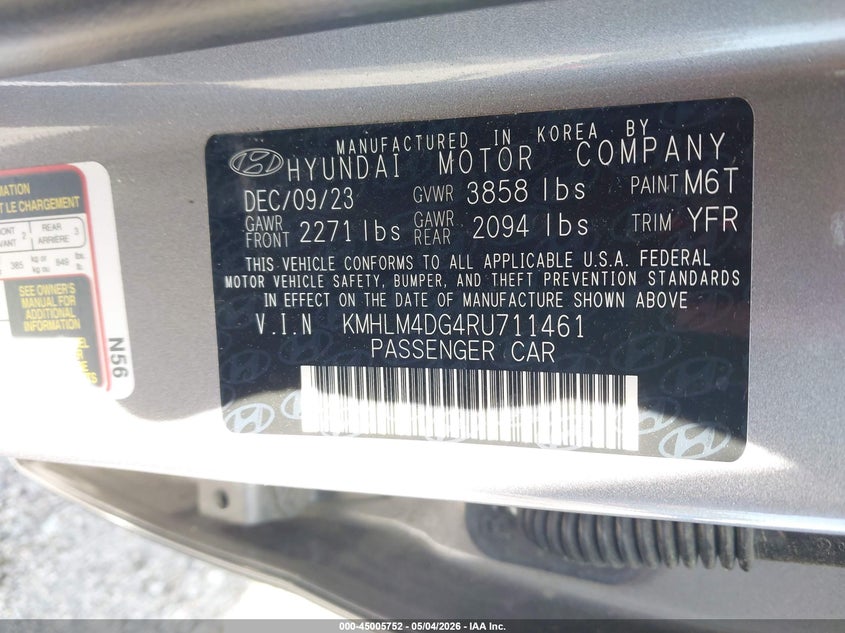 2024 Hyundai Elantra VIN KMHLM4DG4RU711461 IAAI salvage auction — RIGHT SIDE, Salvage Title, sold $5,000 on 2026-07-15 (photo 9)
