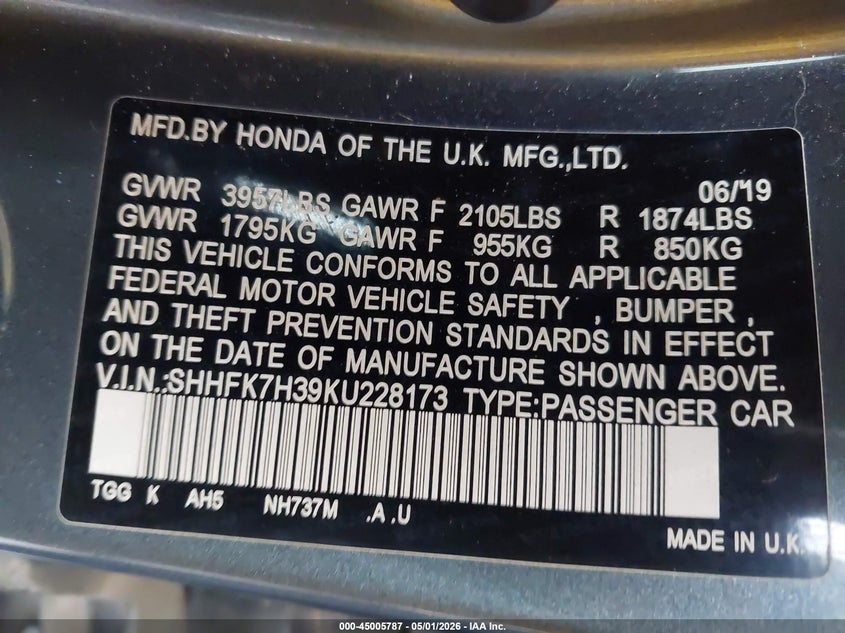 2019 Honda Civic VIN SHHFK7H39KU228173 IAAI salvage auction — FRONT END, Original (Texas), sold $5,075 on 2026-07-13 (photo 9)