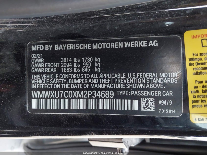 2021 Mini Hard top VIN WMWXU7C0XM2P34689 IAAI salvage auction — FRONT END, Salvage (Texas), sold $500 on 2026-07-14 (photo 9)