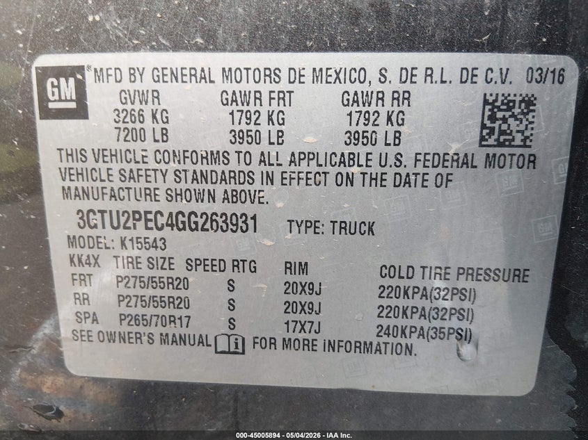 2016 Gmc SIERRA VIN 3GTU2PEC4GG263931 IAAI salvage auction — RIGHT FRONT, Salvage (Missouri), sold $3,000 on 2026-07-30 (photo 9)