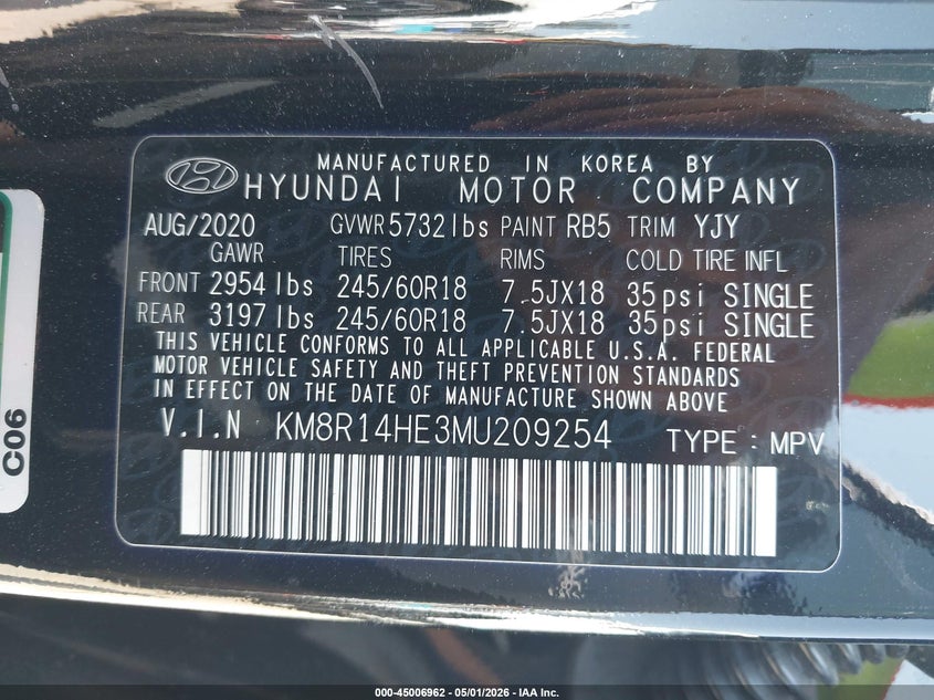 2021 Hyundai Palisade VIN KM8R14HE3MU209254 IAAI salvage auction — REAR END, Wait Title, sold $5,550 on 2026-07-08 (photo 9)