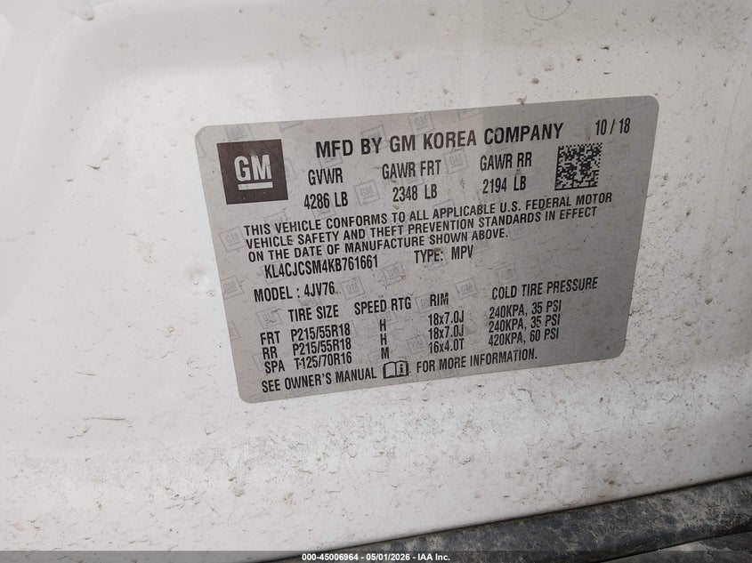 2019 Buick Encore VIN KL4CJCSM4KB761661 IAAI salvage auction — FRONT END, Salvage (North Carolina), sold $825 on 2026-07-22 (photo 9)