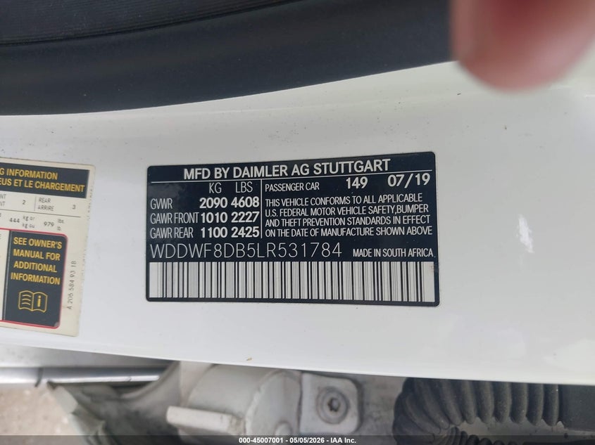 2020 Mercedes-benz C-klasse VIN WDDWF8DB5LR531784 IAAI salvage auction — FRONT END, Original (Texas), sold $4,375 on 2026-07-08 (photo 9)