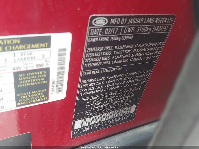 2017 Land rover Range rover sport VIN SALWR2FE3HA141867 IAAI salvage auction — FRONT END, Salvage (Georgia), sold $6,250 on 2026-07-15 (photo 9)