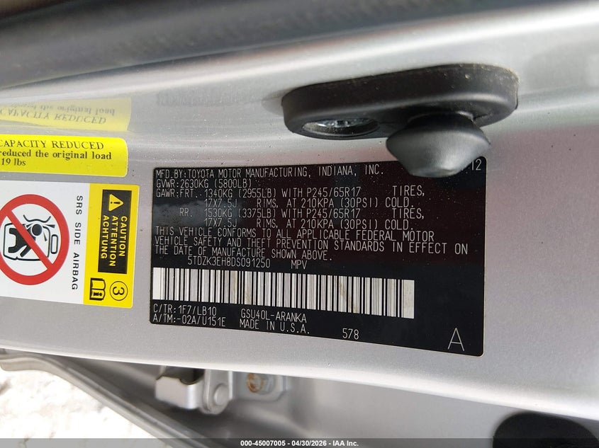 2013 Toyota Highlander VIN 5TDZK3EH8DS091250 IAAI salvage auction — FRONT END, Salvage (Alabama), sold $725 on 2026-07-29 (photo 9)