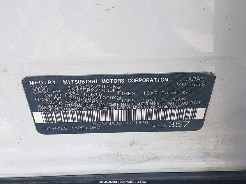 2019 Mitsubishi Outlander VIN JA4AP3AU2KU021876 IAAI salvage auction — FRONT & REAR, Salvage (Indiana), sold $475 on 2026-07-09 (photo 9)