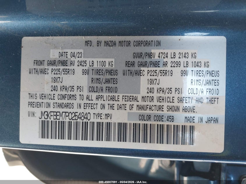 2023 Mazda Cx-5 VIN JM3KFBEM7P0254840 IAAI salvage auction — RIGHT SIDE, Salvage (Pennsylvania), sold $8,300 on 2026-07-14 (photo 9)
