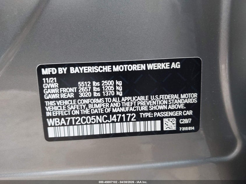 2022 BMW 7er VIN WBA7T2C05NCJ47172 IAAI salvage auction — FRONT END, Original (Texas), sold $21,600 on 2026-07-15 (photo 9)