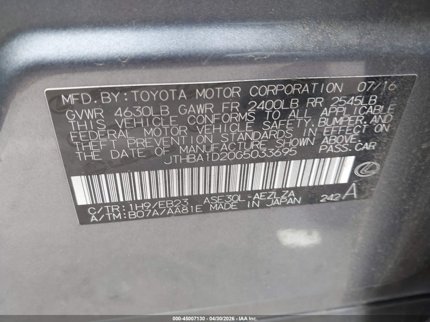 2016 Lexus Is VIN JTHBA1D20G5033695 IAAI salvage auction — FRONT END, Salvage (North Carolina), sold $525 on 2026-07-29 (photo 9)
