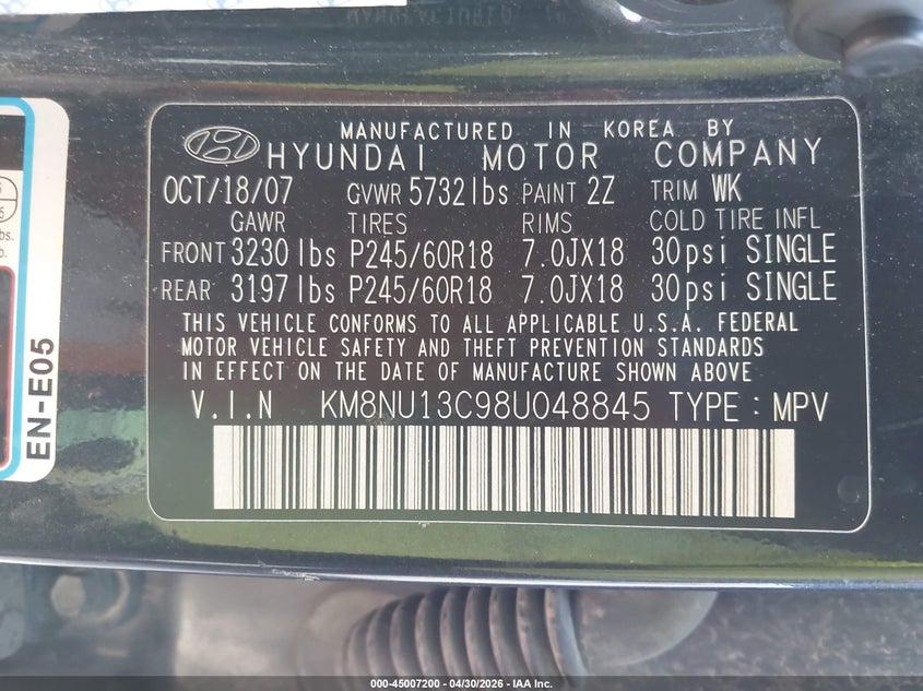 2008 Hyundai Veracruz VIN KM8NU13C98U048845 IAAI salvage auction — NORMAL WEAR, Salvage (Texas), sold $950 on 2026-07-29 (photo 9)