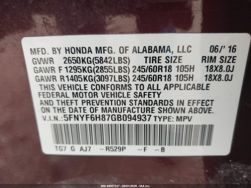 2016 Honda Pilot VIN 5FNYF6H87GB094937 IAAI salvage auction — FRONT END, Original (Texas), sold $2,150 on 2026-07-17 (photo 9)