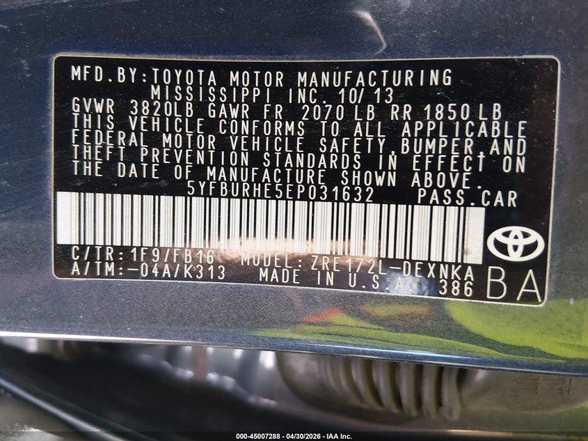 2014 Toyota Corolla VIN 5YFBURHE5EP031632 IAAI salvage auction — LEFT FRONT, Salvage (Hawaii), sold $1,550 on 2026-07-28 (photo 9)