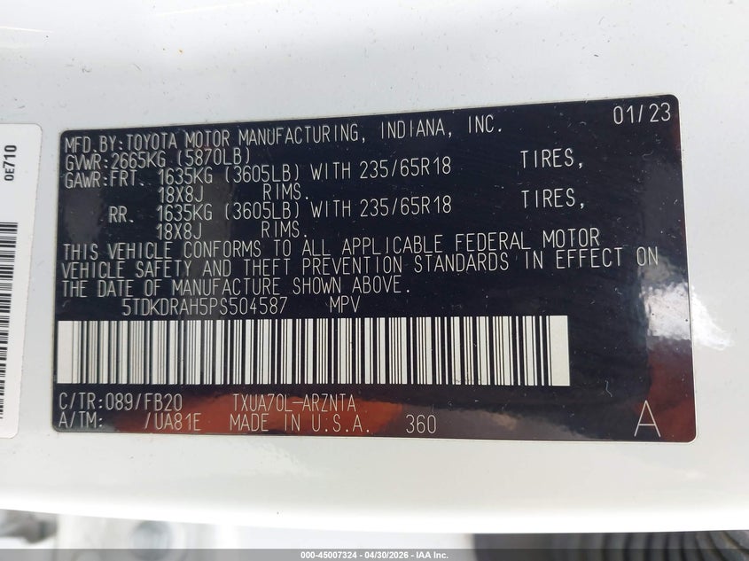 2023 Toyota Highlander VIN 5TDKDRAH5PS504587 IAAI salvage auction — SIDE, Salvage (Illinois), sold $11,700 on 2026-07-10 (photo 9)