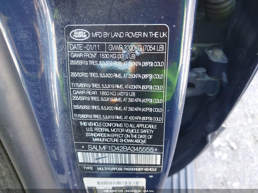2011 Land rover RANGE ROVER VIN SALMF1D42BA345555 IAAI salvage auction — NORMAL WEAR, Salvage (Texas), sold $925 on 2026-07-16 (photo 9)