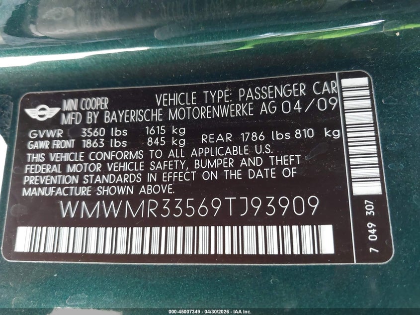 2009 Mini Cooper VIN WMWMR33569TJ93909 IAAI salvage auction — FRONT END, Salvage (Arizona), sold $625 on 2026-07-07 (photo 9)