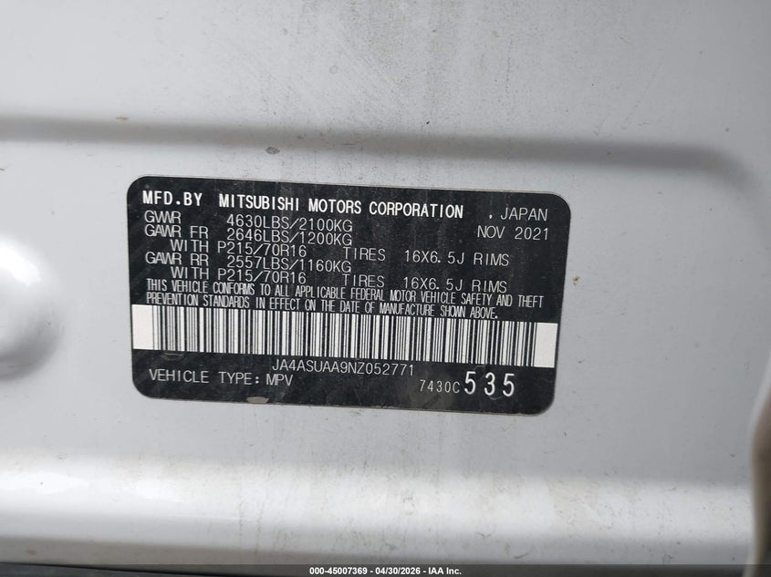 2022 Mitsubishi Eclipse cross VIN JA4ASUAA9NZ052771 IAAI salvage auction — FRONT END, Salvage Title, sold $2,350 on 2026-07-12 (photo 9)