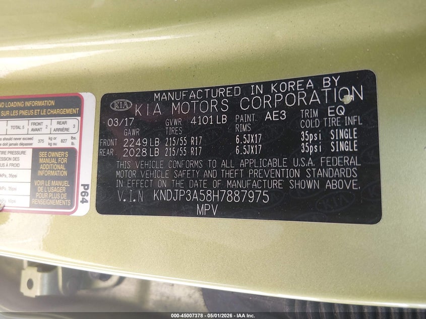 2017 Kia Soul VIN KNDJP3A58H7887975 IAAI salvage auction — FRONT END, Salvage Title, sold $350 on 2026-07-23 (photo 7)