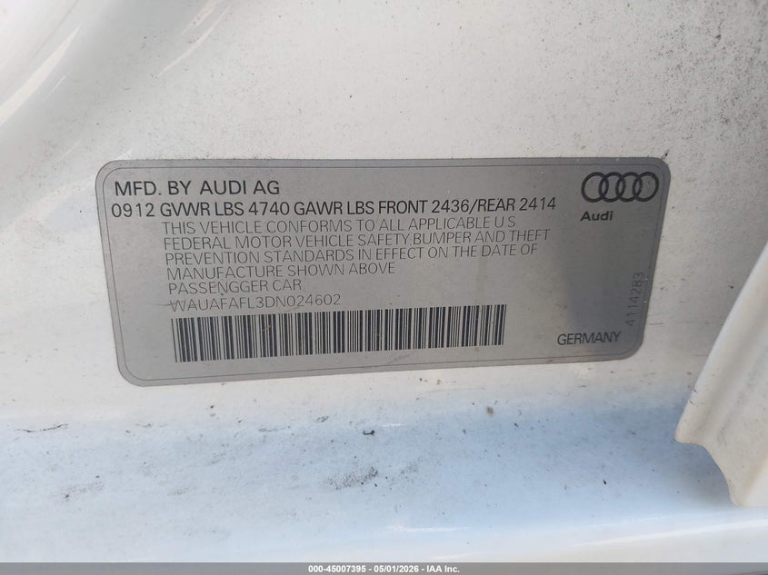 2013 Audi A4 VIN WAUAFAFL3DN024602 IAAI salvage auction — FRONT END, Prior Salvage (Minnesota), sold $1,150 on 2026-07-20 (photo 9)