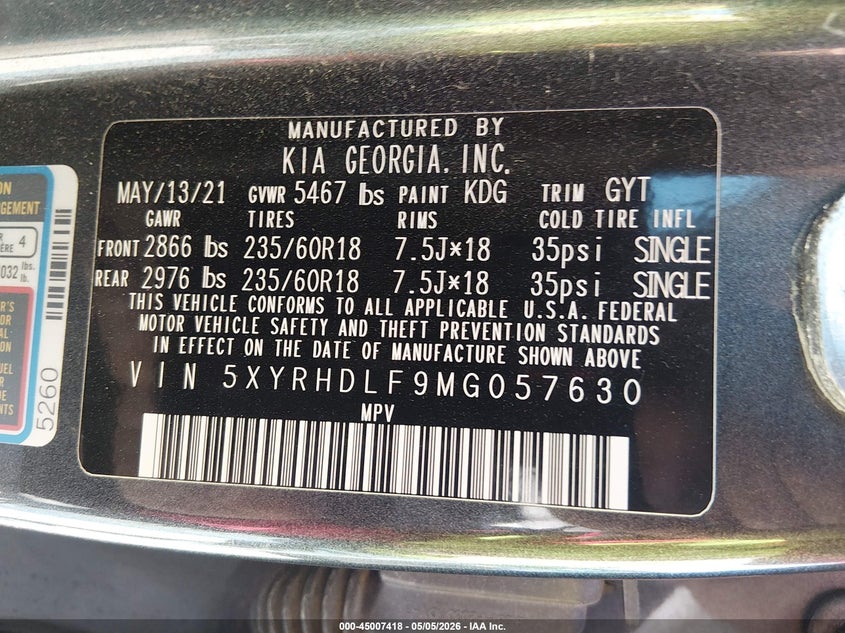 2021 Kia Sorento VIN 5XYRHDLF9MG057630 IAAI salvage auction — HAIL, Salvage (Wisconsin), sold $575 on 2026-07-29 (photo 9)