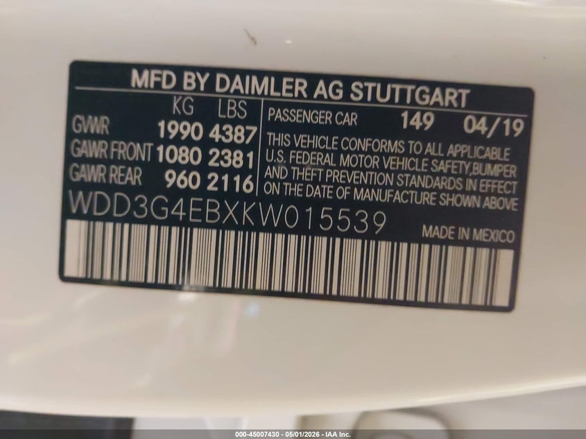2019 Mercedes-benz A-klasse VIN WDD3G4EBXKW015539 IAAI salvage auction — FRONT & REAR, Wait Title, sold $4,350 on 2026-07-15 (photo 9)