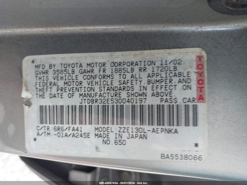 2003 Toyota Corolla VIN JTDBR32E530040197 IAAI salvage auction — NORMAL WEAR, Salvage (Texas), sold $900 on 2026-07-28 (photo 9)