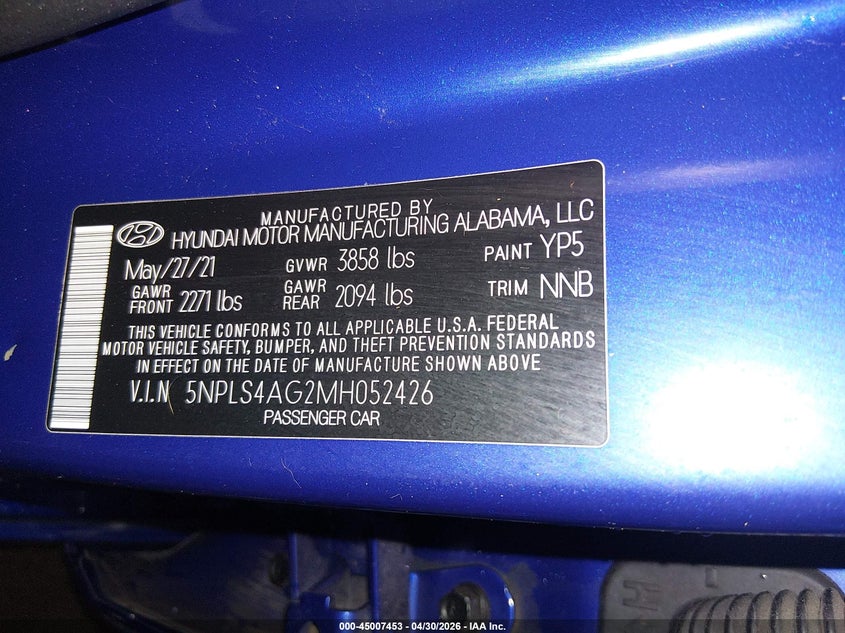 2021 Hyundai Elantra VIN 5NPLS4AG2MH052426 IAAI salvage auction — REAR END, Salvage (Idaho), sold $3,150 on 2026-07-24 (photo 9)