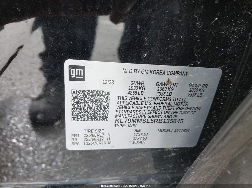 2024 Chevrolet Trailblazer VIN KL79MMSL5RB135645 IAAI salvage auction — FRONT END, Salvage (Illinois), sold $1,900 on 2026-07-21 (photo 9)