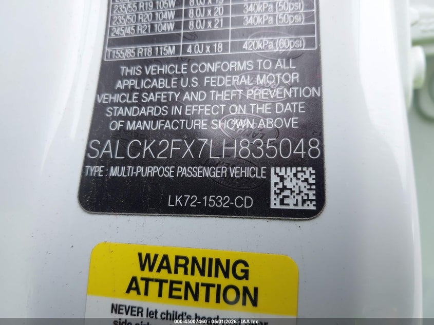 2020 Land rover Discovery sport VIN SALCK2FX7LH835048 IAAI salvage auction — REAR END, Original (Texas), sold $7,300 on 2026-07-22 (photo 9)