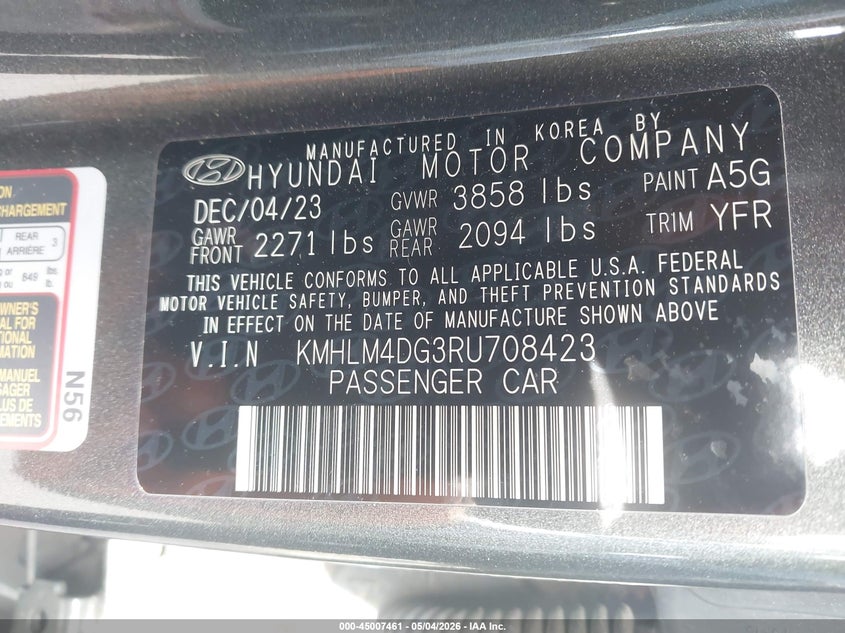 2024 Hyundai Elantra VIN KMHLM4DG3RU708423 IAAI salvage auction — REAR END, Salvage (California), sold $5,650 on 2026-07-28 (photo 9)
