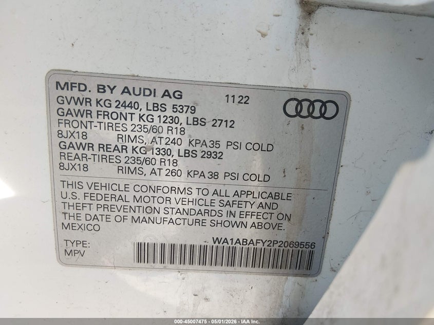 2023 Audi Q5 VIN WA1ABAFY2P2069556 IAAI salvage auction — FRONT END, Salvage (New Hampshire), sold $10,900 on 2026-07-24 (photo 9)