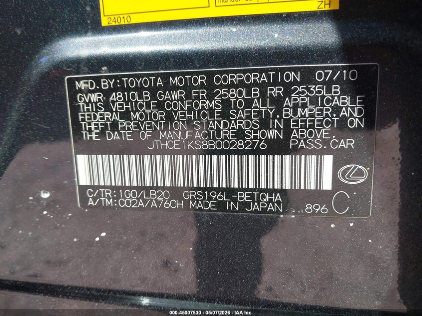 2011 Lexus Gs VIN JTHCE1KS8B0028276 IAAI salvage auction — FRONT & REAR, Clear (Massachusetts), sold $1,300 on 2026-07-10 (photo 9)
