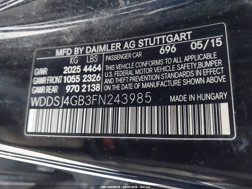 2015 Mercedes-benz Cla-klasse VIN WDDSJ4GB3FN243985 IAAI salvage auction — LEFT REAR, Salvage (Illinois), sold $1,900 on 2026-07-14 (photo 9)
